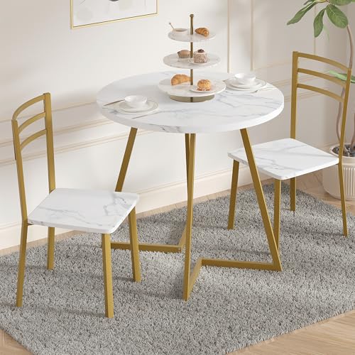 Image of VECELO Small Round Dining Table Set for 2, Wood Tabletop with Strong Metal Frame, Modern Dinette with Chairs for Kitchen, Breakfast Nook Living Room, White and Gold