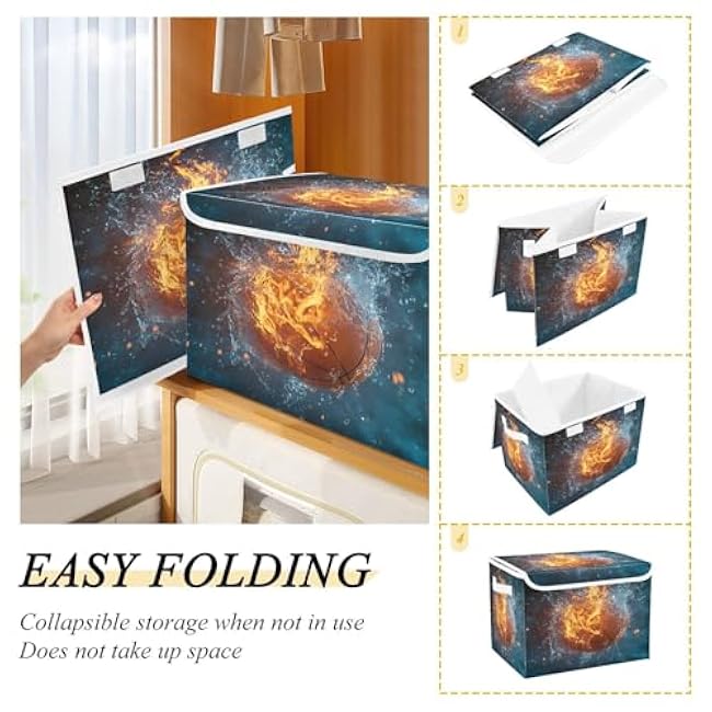 Flame Basketball Foldable Storage Box with Lids, Stackable Oxford Fabric Cube Organizer Basket with Handles for Bedroom Closet Office Home Decor