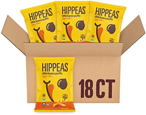 Hippeas Chickpea Puffs, Vegan Nacho Vibes, 0.8 Ounce (Pack of 18), 3g Protein, 2g Fiber, Vegan, Gluten-Free, Crunchy, Plant Protein Snacks - Packaging May Vary
