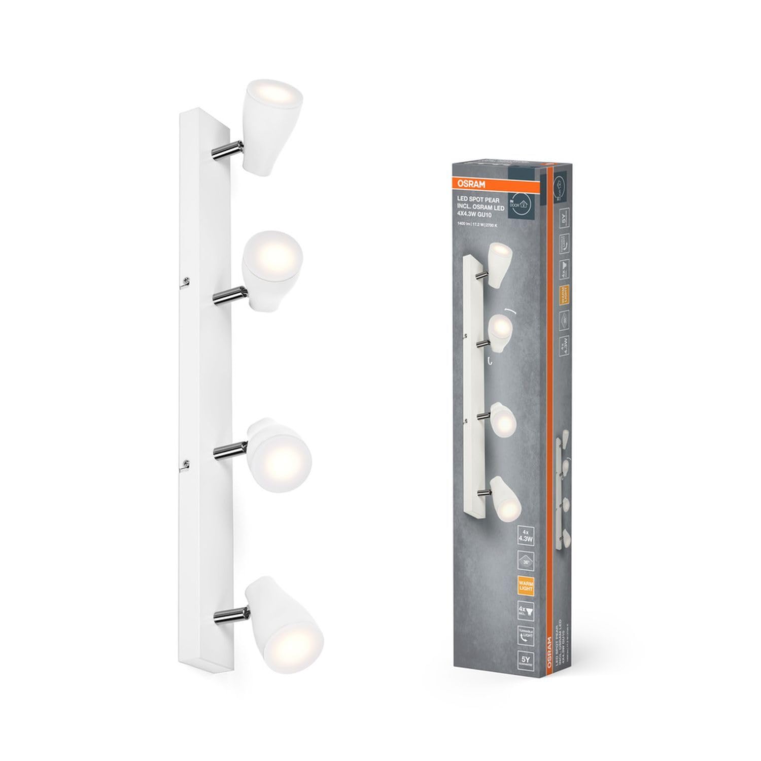 Osram Foco LED SPOT PEAR GU10, blanco, 4 x 4,3 W, 1400 lm, 614 mm, luz blanca cálida, cabezales orientables, fácil montaje, combinación con bombillas inteligentes GU10, IP20, 2700 K
