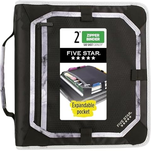 Five Star Zipper Binder, 2 Inch 3-Ring Binder for School, Expansion Panel and Expanding File, 580 Sheet Capacity, Black/Gray (29052IT8) Cover
