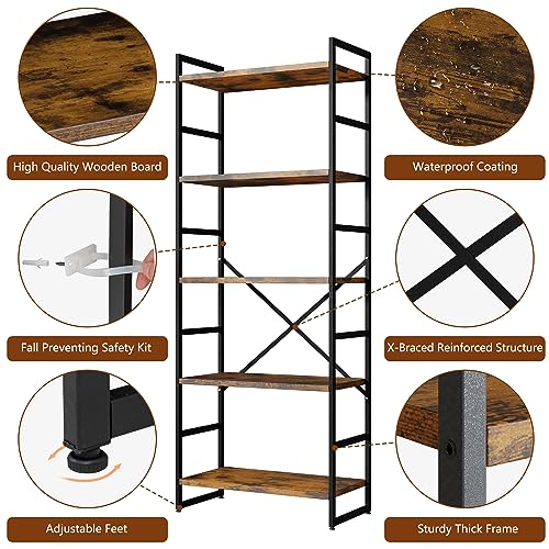 Shintenchi Bookshelf, 5 Tier Bookshelf, Tall Bookcase Shelf for CDs/Motion pictures/Books, House Workplace Bookcase Shelf Storage Organizer, Fashionable Ebook Shelf for Bed room/Residing Room/House Workplace, Rustic Brown - Image 7