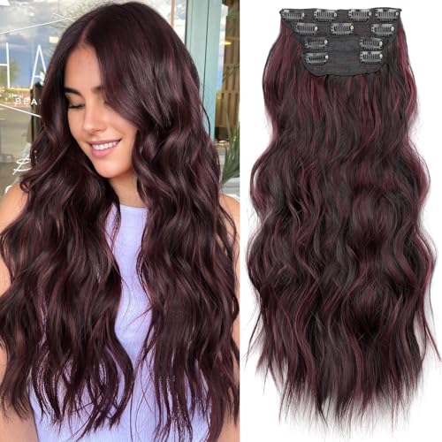 Image of KooKaStyle Wavy Thick Clip in Hair Extensions 20 inch Burgundy mix Dark Brown | 4 Pieces Clip in Extensions,Fiber Double Weft Hairpieces,Natural Volume,Beach Wave Long Synthetic Hairpieces for Women