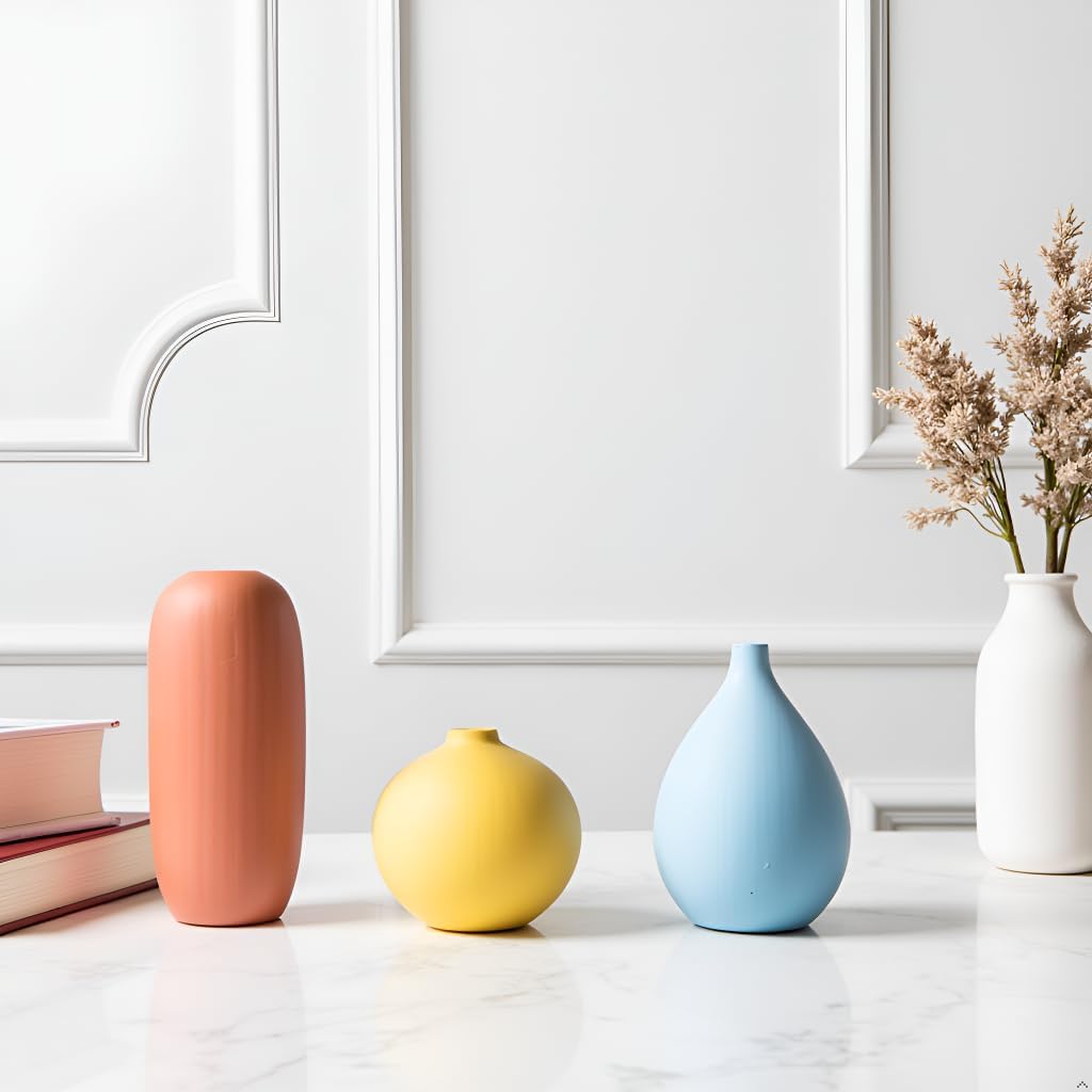 Small Multi Color Ceramic Vase Set 3 for Modern Home Table Decor, Living Room, Tabletop, Bedroom, Shelf, Office Bookshelf, Entryway, Coffee Table Mantel, Rustic Farmhouse Decorative Vases - Image 8