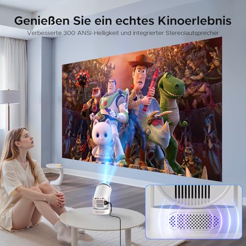 Mini Beamer mit Lautsprecher, Projector unterstützen 1080P 4K, Auto Keystone WiFi6 Tragbarer Beamers Projector, Bluetooth 5.0 220° Rotation Smart Beamers, Kurzdistanz Beamer für Heimkino Outdoor Handy