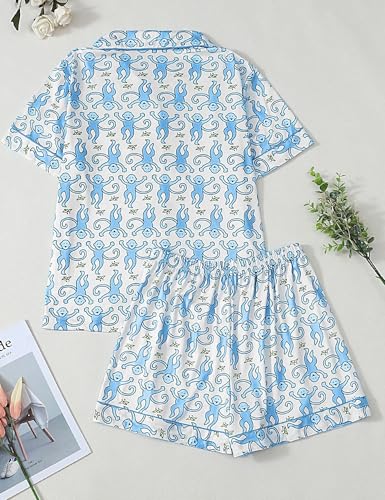 Amiernap Pajamas Set for Women Short Sleeve Button Down Sleepwear Monkey Print Pjs Summer Pajama Soft 2 Piece Lounge Sets Blue — view 6