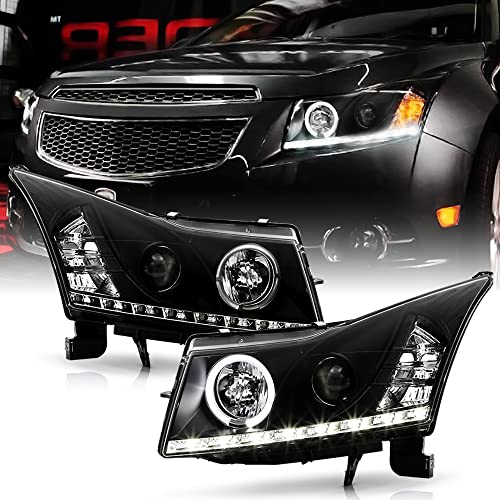 ACANII - For 2011-2016 Chevy Cruze LED Strip DRL Halo Black Housing Projector Headlights Headlamps Driver & Passenger