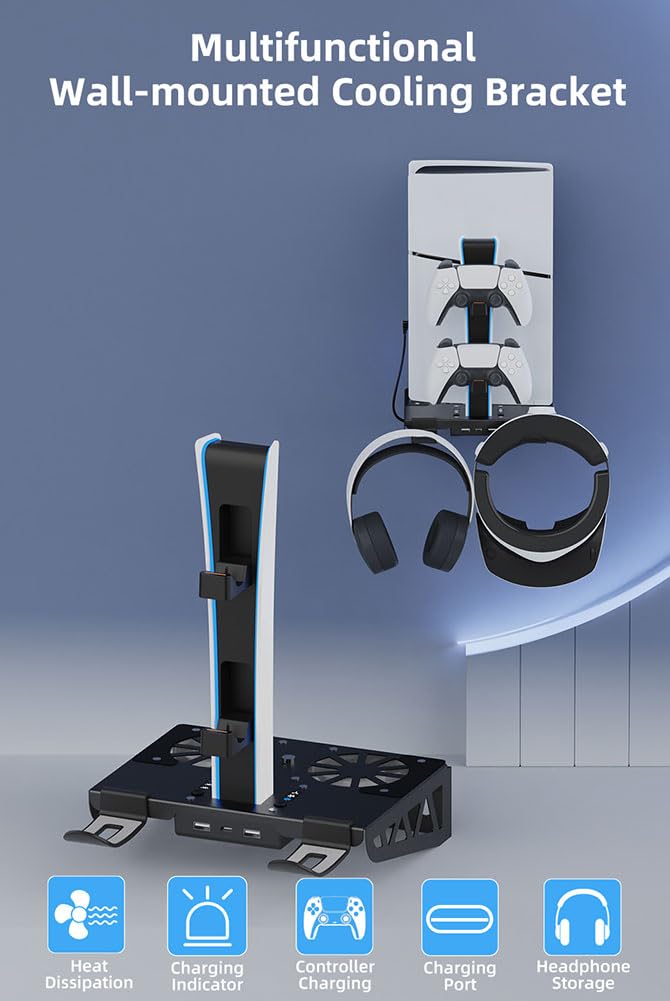 Soporte de pared para PS5/PS5 Slim/PS5 Pro, kit con ventilador de refrigeración y estación de carga, soporte flotante para PS5/PS5 Slim/Disc y consola digital/PS5 Pro, con soporte de pared