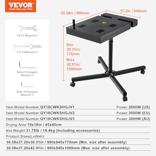 VEVOR Blitztrockner, 45 x 45 cm Blitztrockner für Siebdruck, 0-399 ℃ Temperaturregelung, Hochleistungs-Siebdrucktrockner mit Höhenverstellbarem Ständer, 360°-Drehung, T-Shirt-Härtungsmaschine