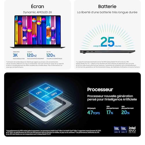 Samsung Galaxy Book5 Pro 16", Copilot+ PC, Ordinateur Portable avec IA, Processeur Intel Core Ultra 7, Mémoire 16 Go RAM, Stockage 512 Go, Clavier AZERTY FR, Anthracite