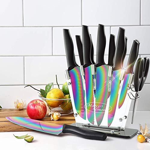 Kya35 14 Pcs Rainbow Titanium Coating Cutlery Knives Block Set + Marco Almond Ma63 Graters For Kitchen #TOP4