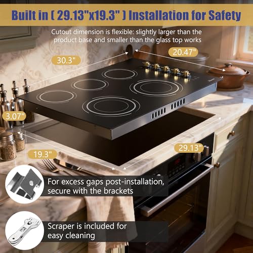 Image of Upgraded 30 inch Electric Cooktop(Cut-out Size: 29.13 inchx19.3 inch) - 8600W High Power 5 Burners 30 Inch Electric Stove Built-in, Timer, Safety Lock, Knob Control, 240V Hard Wired (No Plug)