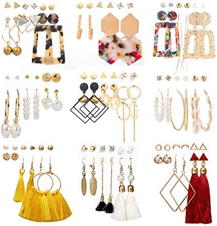 JMScape Earrings Set for Women Girls, 53 Pairs Fashion Earrings for Women Multipack Bohemian Drop Dangle Earrings Pearl Studs Hypoallergenic Tassel Acrylic Hoop Jewelry Set for Mother's Day Gifts