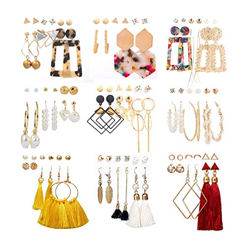 53 Pairs Earrings Set for Women, Fashion Acrylic Tassel Gold Hoop Earrings Multipack Statement Pearl Earring Stud Pack, Hypoallergenic Drop Dangle Earrings for Valentine's Day Gift