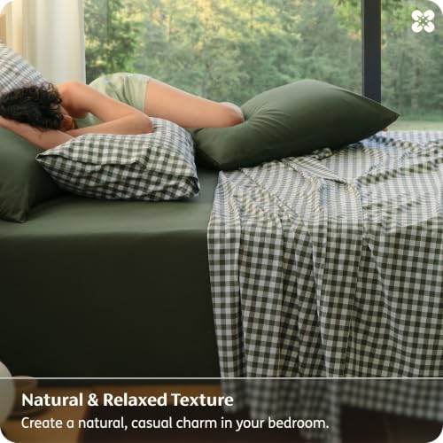 Image of Bedsure PureWoven Gingham Sheets 100% Washed Cotton King, Olive Green, 6PCS