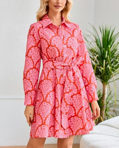 Image of Women's Printed Button Down Shirt Dress Long Sleeve Belted Mini Dress
