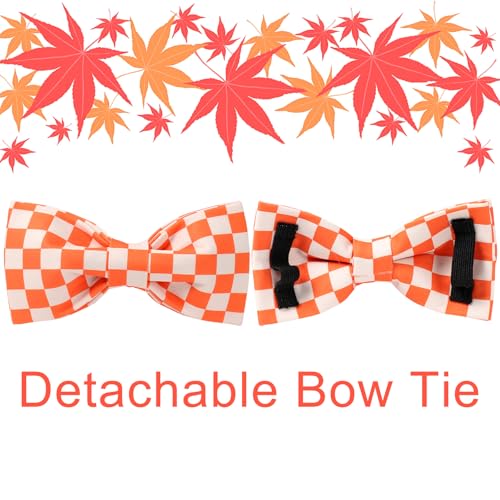 Image of Fall Dog Collar with Bow Tie, Orange Plaid Bowtie Dog Collar, Autumn Bowtie Collars for Puppy Boy Girl Dogs, Comfortable Cotton Dogs Collars with Metal Buckle