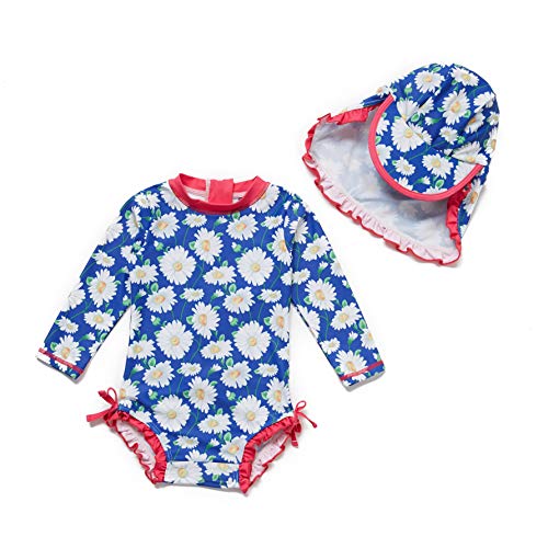 NALULU Trajes de baño de una pieza para niñas con volantes UPF 50+, protección solar L/S cremallera y botones, traje de sol/protector de erupción con gorra solar, Crisantemo, 2-3 Años