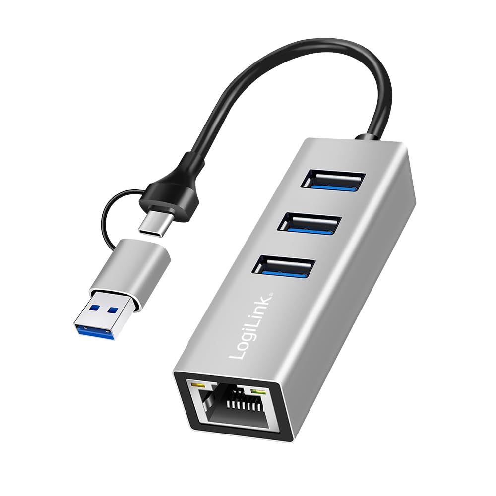 LogiLink UA0440 Hub USB-C 3.2 Gen 1 Adaptateur Ethernet RJ45 5G 3 Ports USB-A