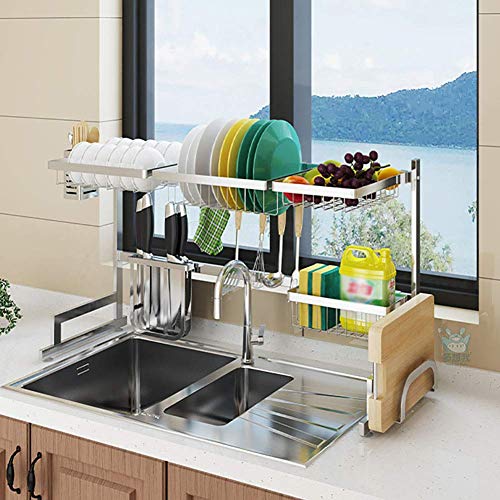 Over Sink Geschirrkorb Küche, Edelstahl Geschirrtrockner mit Utensilienhalter Counter Organizer Geschirrablage Regal Silber 65cm (26inch)