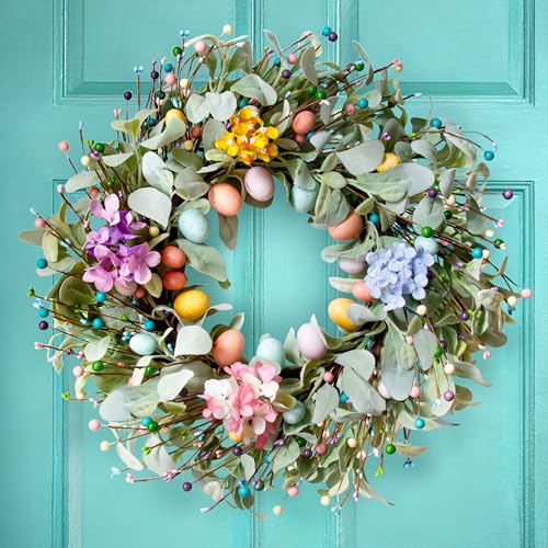 20 Inch Spring Easter Wreath with Eggs & Lambs Ear – Artificial Eucalyptus Holiday Front Door Wreath for Farmhouse, Indoor Outdoor Home Décor, Easter Egg Wreath for Spring