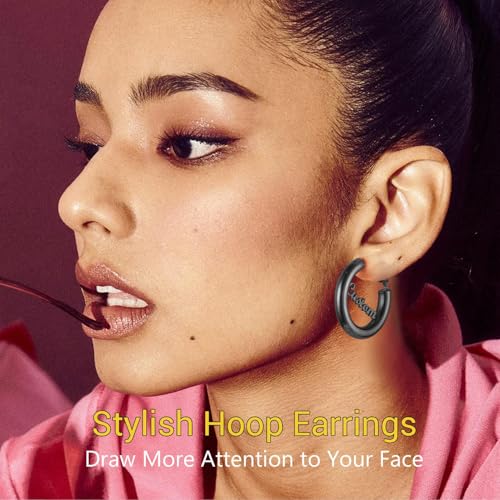 Image of Stainless Steel Chunky Hoop Earrings For Women, Minimalist and Chic, Black /Gold Plated, Round Hoops Earrings Hypoallergenic, Size: 30mm /40mm /60mm /80mm, Come with Box