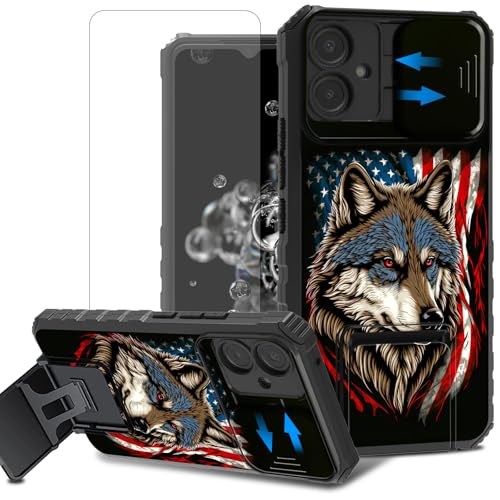 ACWDMKH for Samsung Galaxy A06 Case with Screen Protector & Stand Kickstand & Slide Camera Protector Cover Dual Layer Heavy Duty Shockproof Phone Case for Samsung Galaxy A06,American Flag Wolf