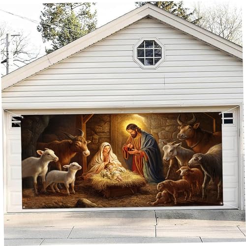 Couverture de porte de garage Noël chrétien 13x6FT crèche extérieure