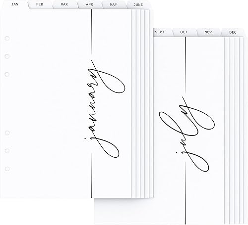 Divisores de índice de carpeta mensual A5 con pestaña de índice mensual, tarjetas de papel de 6 agujeros para carpetas A5 de 6 anillos (6 agujeros,