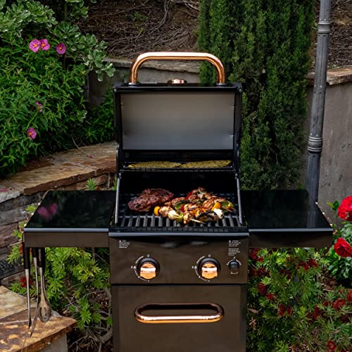 Permasteel 2-Burner Gas Grill, Foldable Side Tables, Grilling Tool Hooks, Propane Gas Barbecue Grill, Black With Copper Accent #TOP6