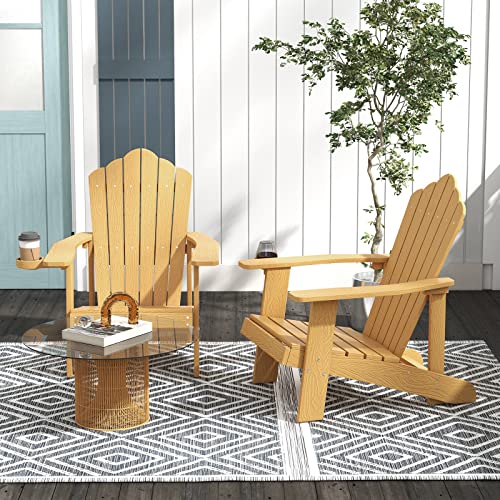 Image of Tangkula Oversized Adirondack Chair, Patio Lounge Chairs w /Adjustable Cup Holder, HIPS Armchairs Slatted Chair, Outdoor Weather Resistant Fire Pit Chair for Deck Backyard Garden Porch (2, Teak)