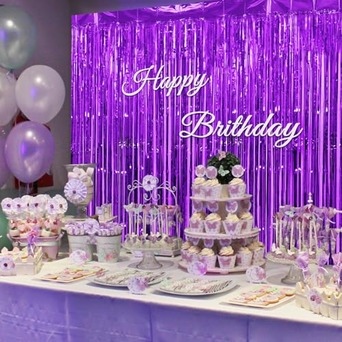 Image of Graduation Decorations Thicken Purple Streamers 4 Pack 13.2x8.2 FT, Purple Foil Fringe Backdrop for Birthday Party Decorations