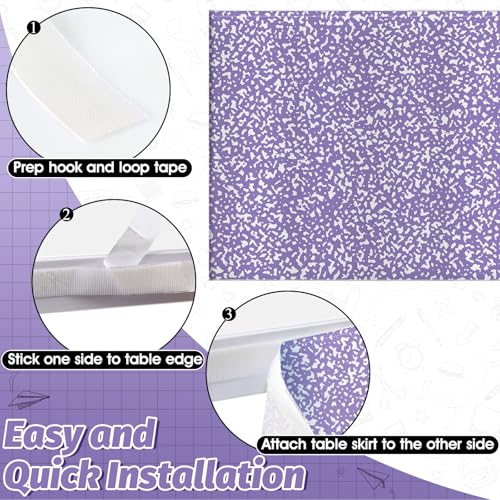 Image of 9FT Purple and White Composition Table Skirt Teacher Desk Skirt for Composition Notebook Classroom Decor Rectangle Table Cover for Back to School Party Supplies Kindergarten Office Bookcase Cabinet