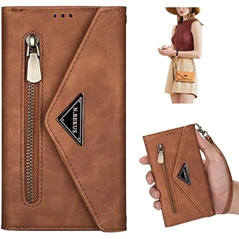 Uposao Kompatibel mit Samsung Galaxy A50 Handykette Hülle Wallet Leder Hülle Klapphülle Brieftasche Schutzhülle Geldbörse Flip Case Kartenfach Reißverschluss für Mädchen Frauen,Braun Cover