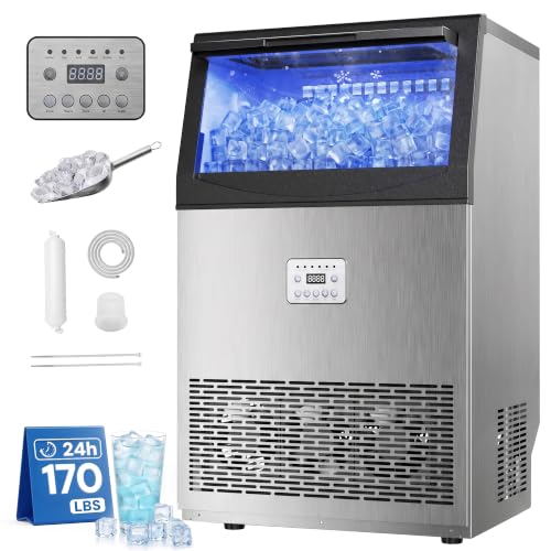 Uthfy Commercial Ice Maker 170lbs/24H, Stainless Steel Under Counter Ice Machine, 50 Ice Cubes in 14 Mins, 55lbs Storage, Self-Clean &amp; Water Filter, Freestanding Ice Machine for Home Bar,Cafe,ETL