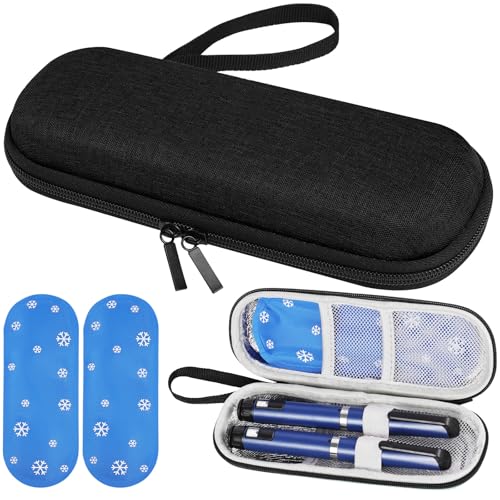 Fefod Estuche Insulina Bolsa, Nevera Insulina de Viaje con 2 Bolsas de Hielo Refrigerado TSA, Portátil Estuche Medicamentos para Diabetes con Mosquetón para Viajes Largos y Diarios (Negro)
