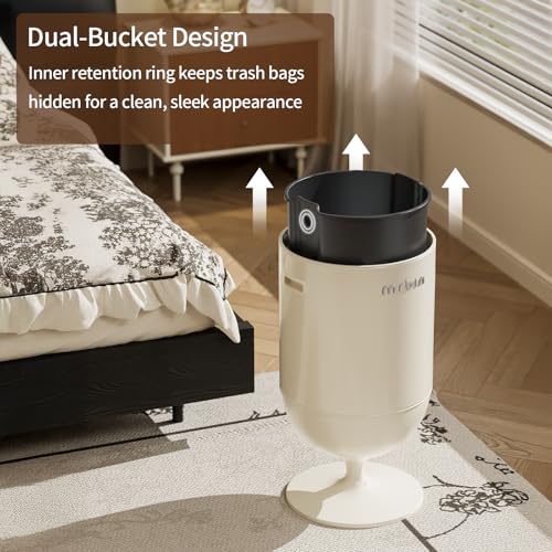 Image of MRBIN Metal Trash Can with Lid, 5.3 Gallons / 20L Medium Decorative Waste Basket, Round Tall Garbage with High Leg for Bathroom, Office, Bedroom, Kitchen, Cream White