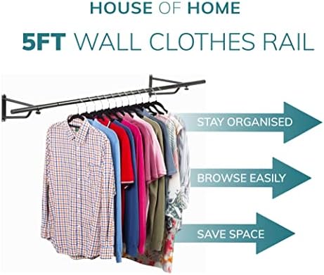 Direct Online Houseware House of Home Heavy Duty Wall Mounted Clothes Rail - Hanging Coat Rack Wardrobe Replacement - Clothes Storage & Organiser for Shirts, Coats, Jackets & Hat - Black, 5ft