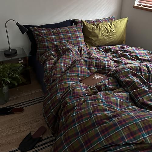 Image of VM VOUGEMARKET Neutral Multicolor Plaid Washed Cotton Duvet Cover Queen,Vintage Green & Purple Gingham Tartan Bedding Set for Modern & Rustic Bedrooms(90 inchx90 inch)