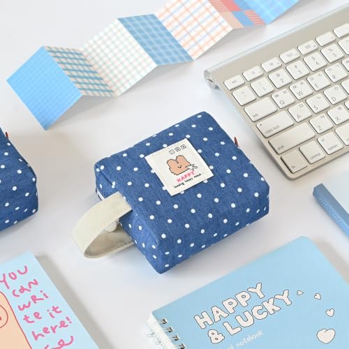 Image of Monolike Happy and Lucky Denim Dot Cube Pouch, Navy - Makeup Bag, Cosmetic Bag, Travel Bag, Toiletry Bag, Organizer, Storage Bag