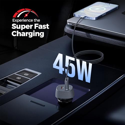 Image of Ubon CH57 Dual Output Fast Car Charger with 45W Type-C PD & USB 3.0, Charging Adapter Compatible with Cars for iPhone & Android Smartphone, Smartwatch (Black)