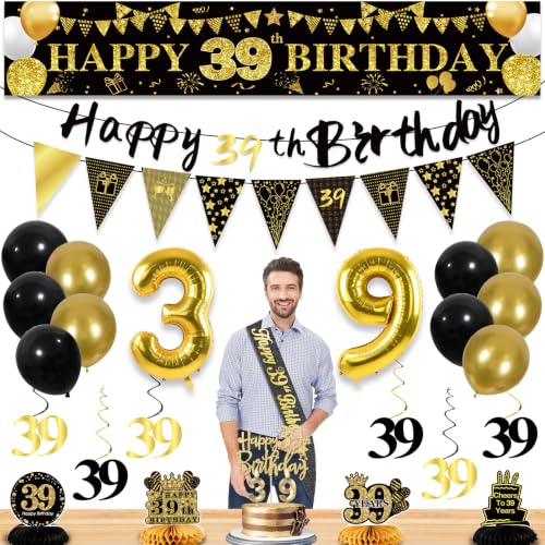 Image of 39th Birthday Decorations for Men, Black Gold 39th Party Decorations | 27pcs Happy 39th Birthdays Set: Banner, Honeycomb, Balloons, Gold Number, Candle, Hanging Swirls, Cake Topper, Party Supplies