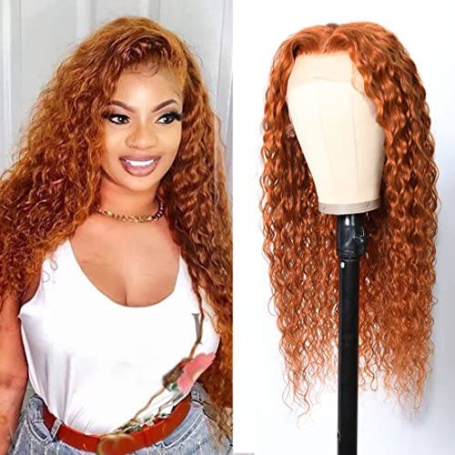 Image of Sunber Ginger Orange Water Wave Lace Front Wigs 13x5x0.5 T Part Human Hair for Women 10A Brazilian Virgin Hair #88J Burnt Orange Colored Wig Pre Plucked with Baby Hair 150% Density 18Inch