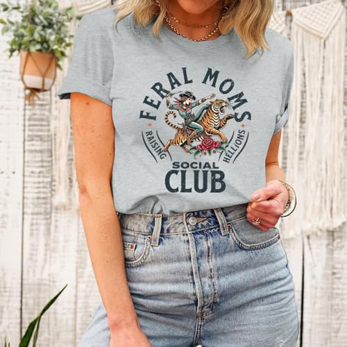 Image of Mama Shirts for Women Cool Feral Moms Social Club T-Shirt Vintage Western Graphic Shirt Funny Mothers Day Tee Tops