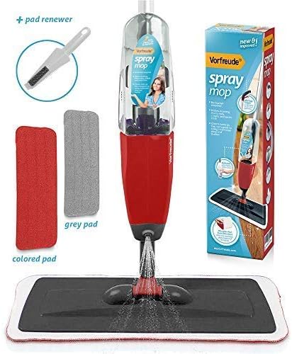 Vorfreude Floor Mop with Integrated Spray, Refillable 700ml Capacity Bottle and Reusable Microfiber Pad (Red)