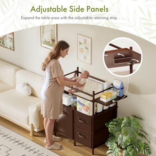 Image of Amazer Baby Changing Table, Bamboo Baby Dresser Table with Flat Top, Diaper Changing Station with 3 Removable Storage Drawers, Large Storage Nursery Organizer Shelves with Pad, Mesh Pocket