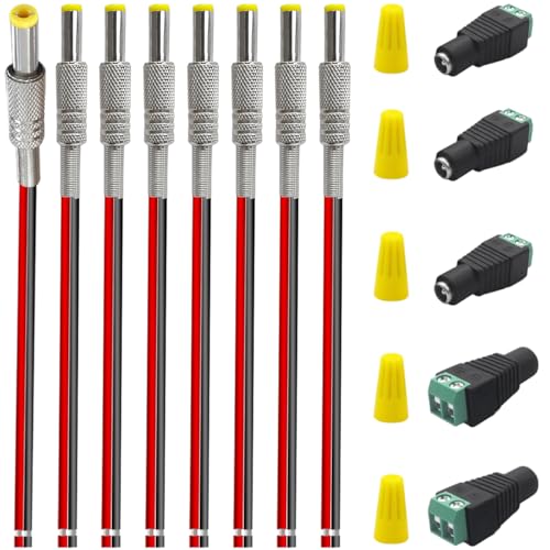 8PCS 10A DC Power Cable Jack Plug Adapter Male Connector 5.5mm x 2.5mm Barrel Socket with 18AWG Wire for CCTV Security Camera DVR DIY Toys 5PCS 12V DC Female Connector Plug Wiring Cap