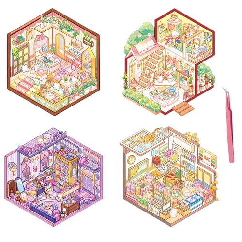 ハウスステッカー 4点セット 造景シール かわいい ミニ3d ハウスステッカー 趣味 ミニチュア模型 紙ドールハウス 紙素材 手帳素材パック コラージュ素材 視覚効果 日記帳 立体 ミニチュアハウス 自分で作る ストレス解消 グッズ 男の子 女の子向け お