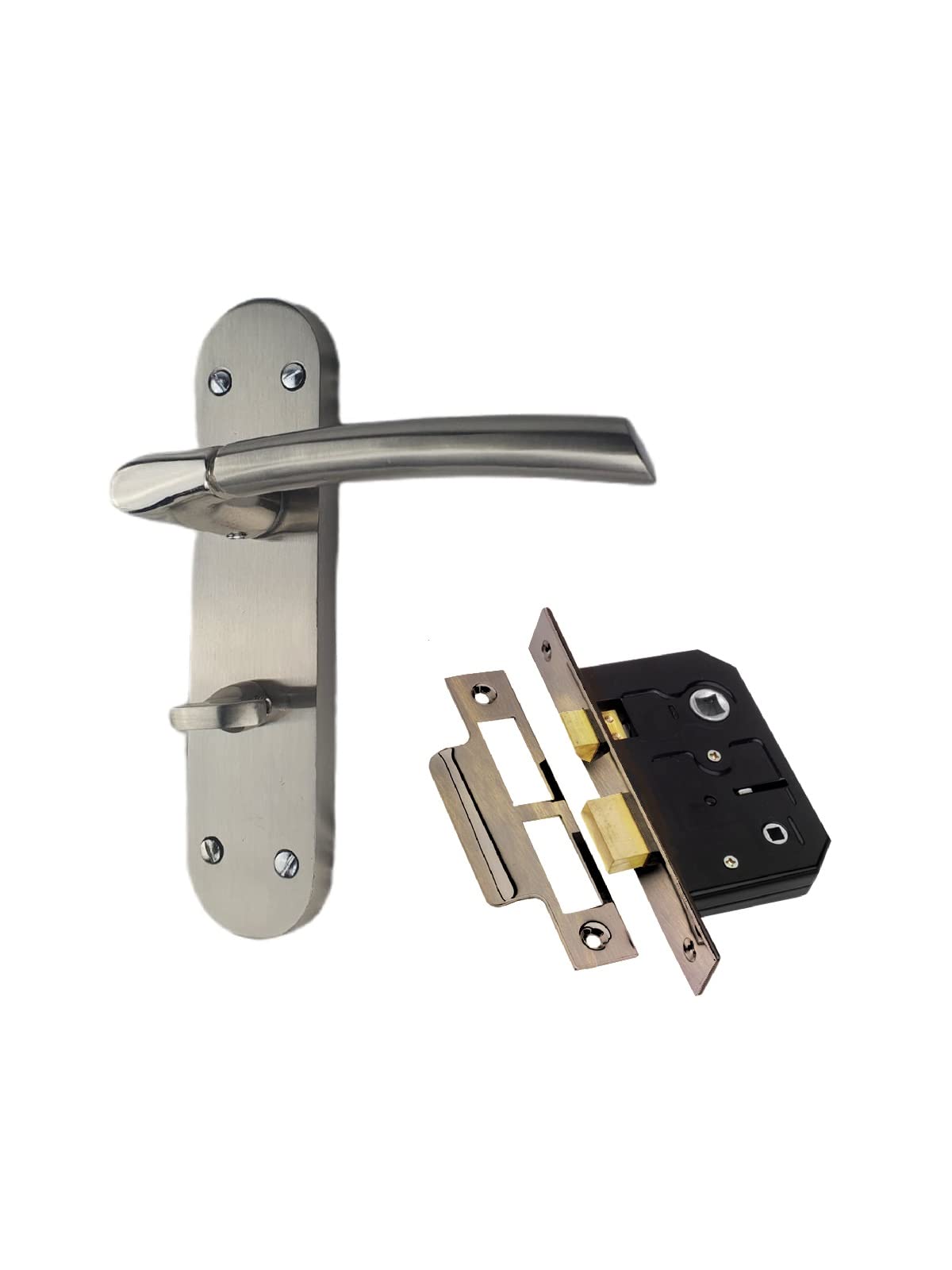 Golden Grace Indiana Bathroom Door Handles On Backplate Duo Polished and Satin Stainless Steel Finish with 64mm Bathroom Mortise Lock