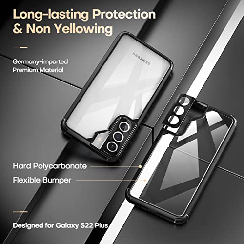 Tauri [5 In 1 Shockproof Designed For Samsung Galaxy S22 Plus Case 5G 6.6 Inch, With 2 Pack Tempered Glass Screen Protector + 2 Pack Camera Lens Protector [Military Grade Protection] Slim Cover Black #TOP4